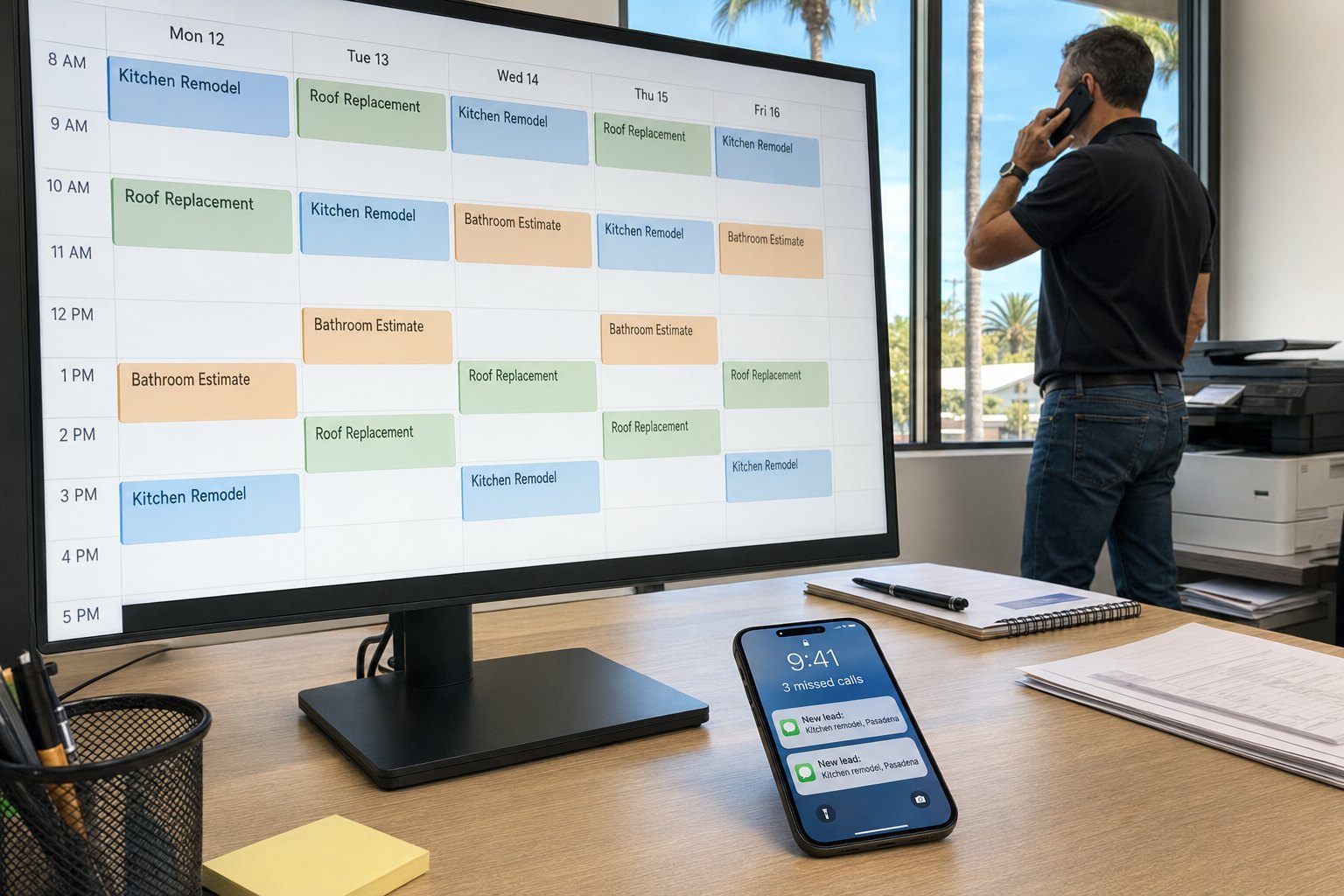 A contractor's office with a packed calendar on the monitor and a phone showing missed calls and new lead notifications