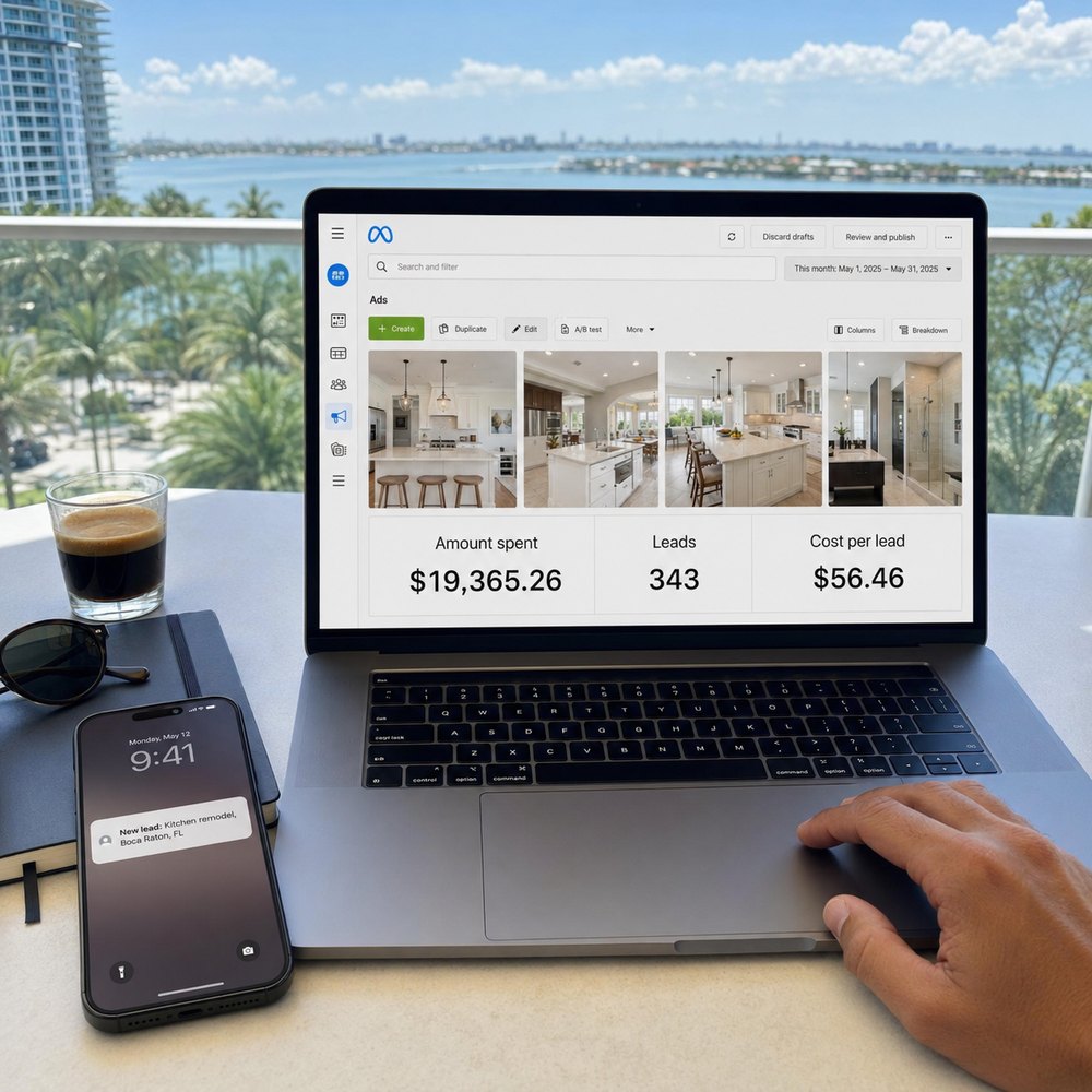 A laptop on a Miami balcony showing an ads dashboard with 343 leads at $56.46 per lead