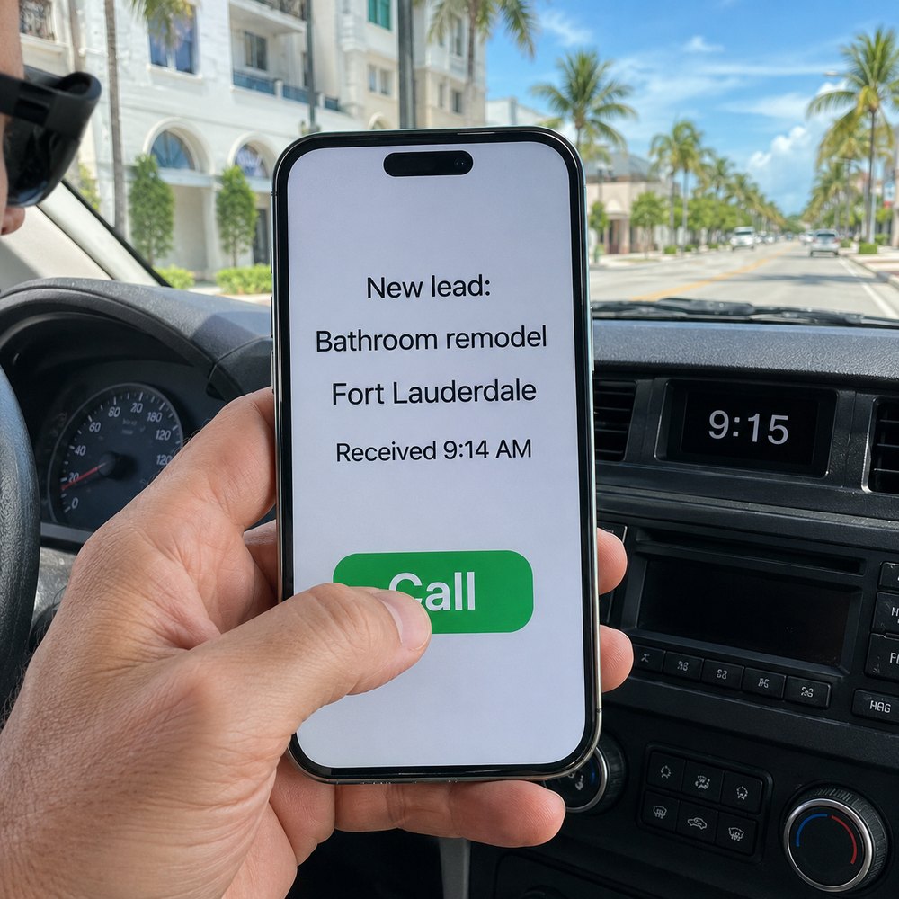 A phone in a work truck showing a new lead notification received at 9:14 AM with a call button, the dashboard clock reading 9:15