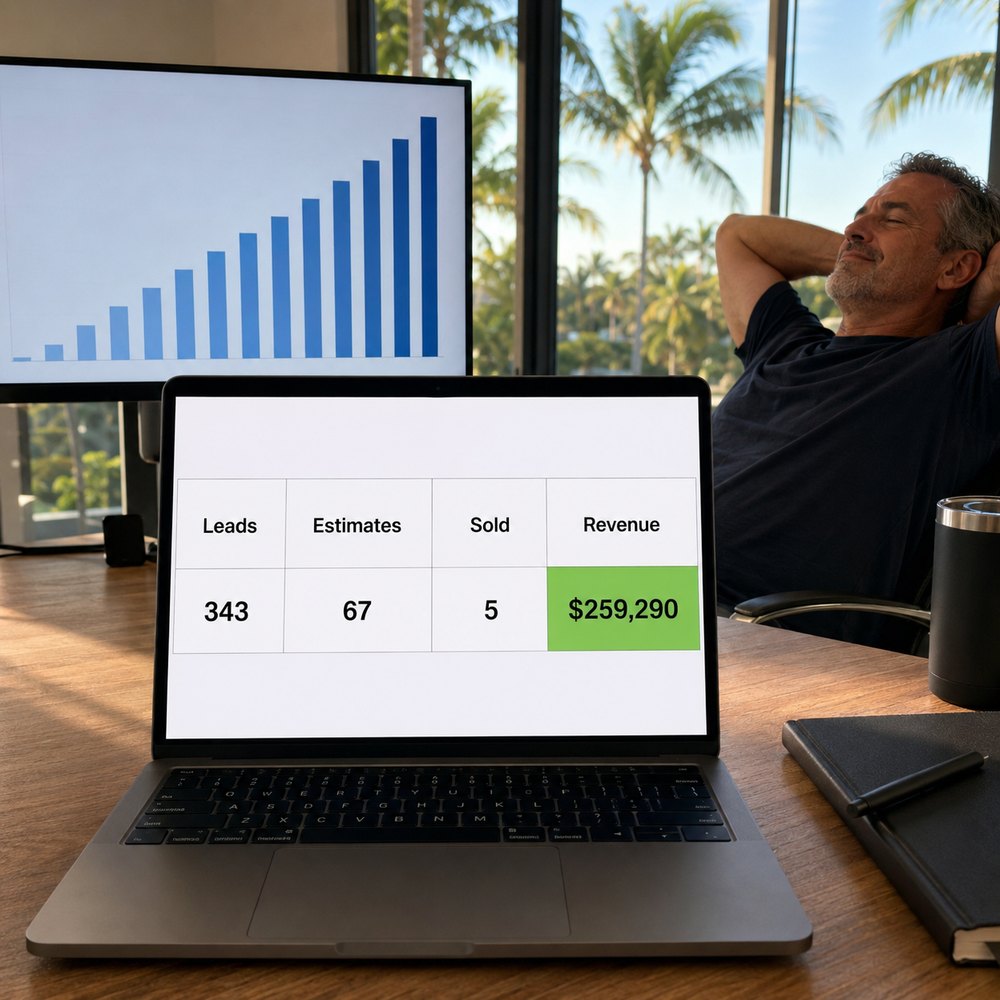 A laptop showing a tracking sheet: 343 leads, 67 estimates, 5 sold, $259,290 revenue
