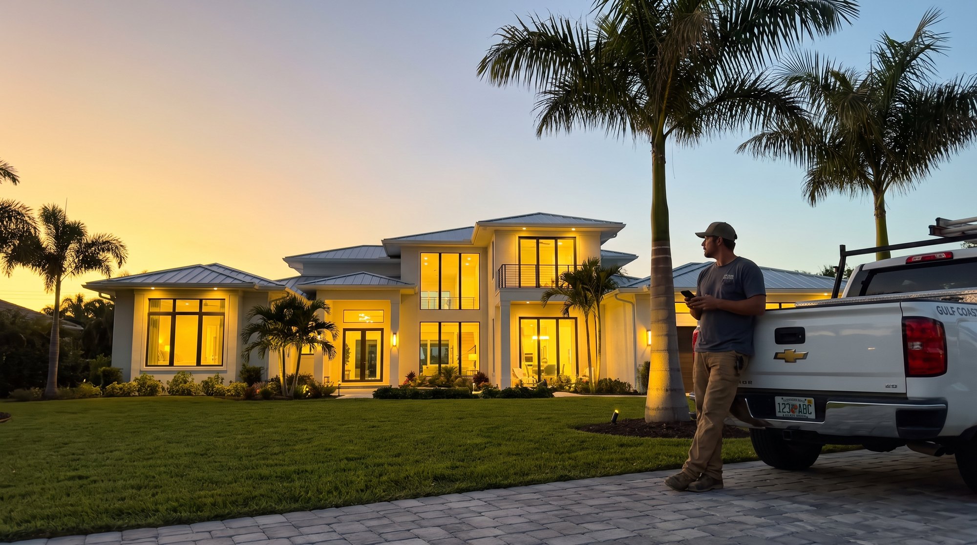 A finished coastal home glowing at dusk with the contractor's truck in the driveway