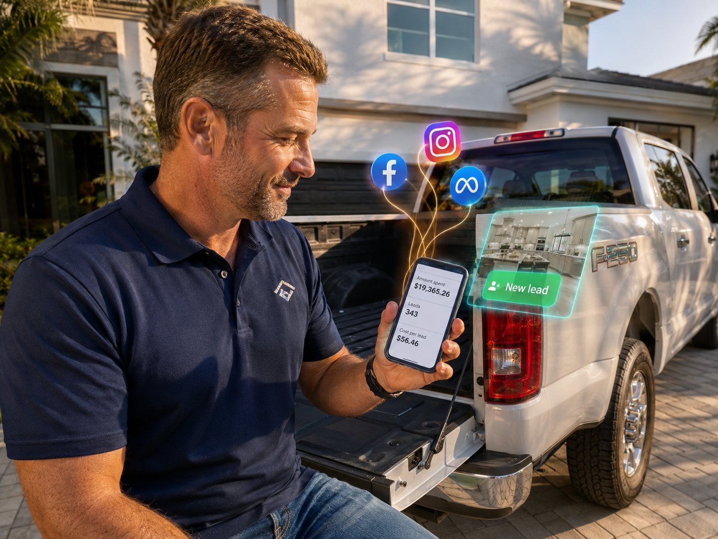 Contractor checking a Meta lead campaign on his phone