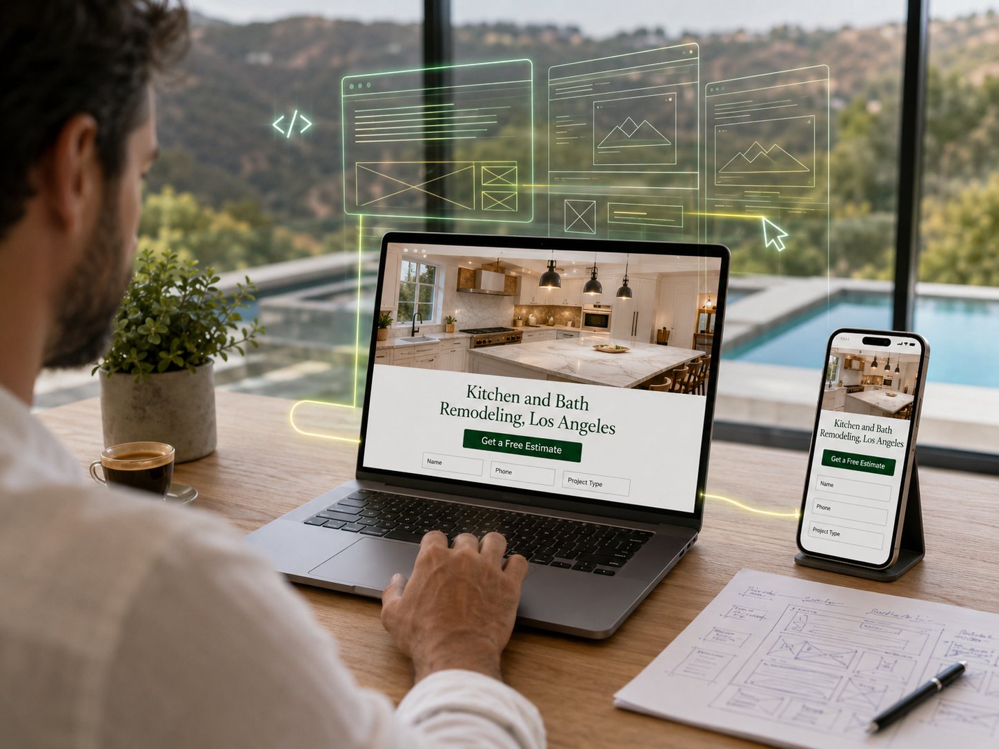 Contractor landing page open on a laptop and phone