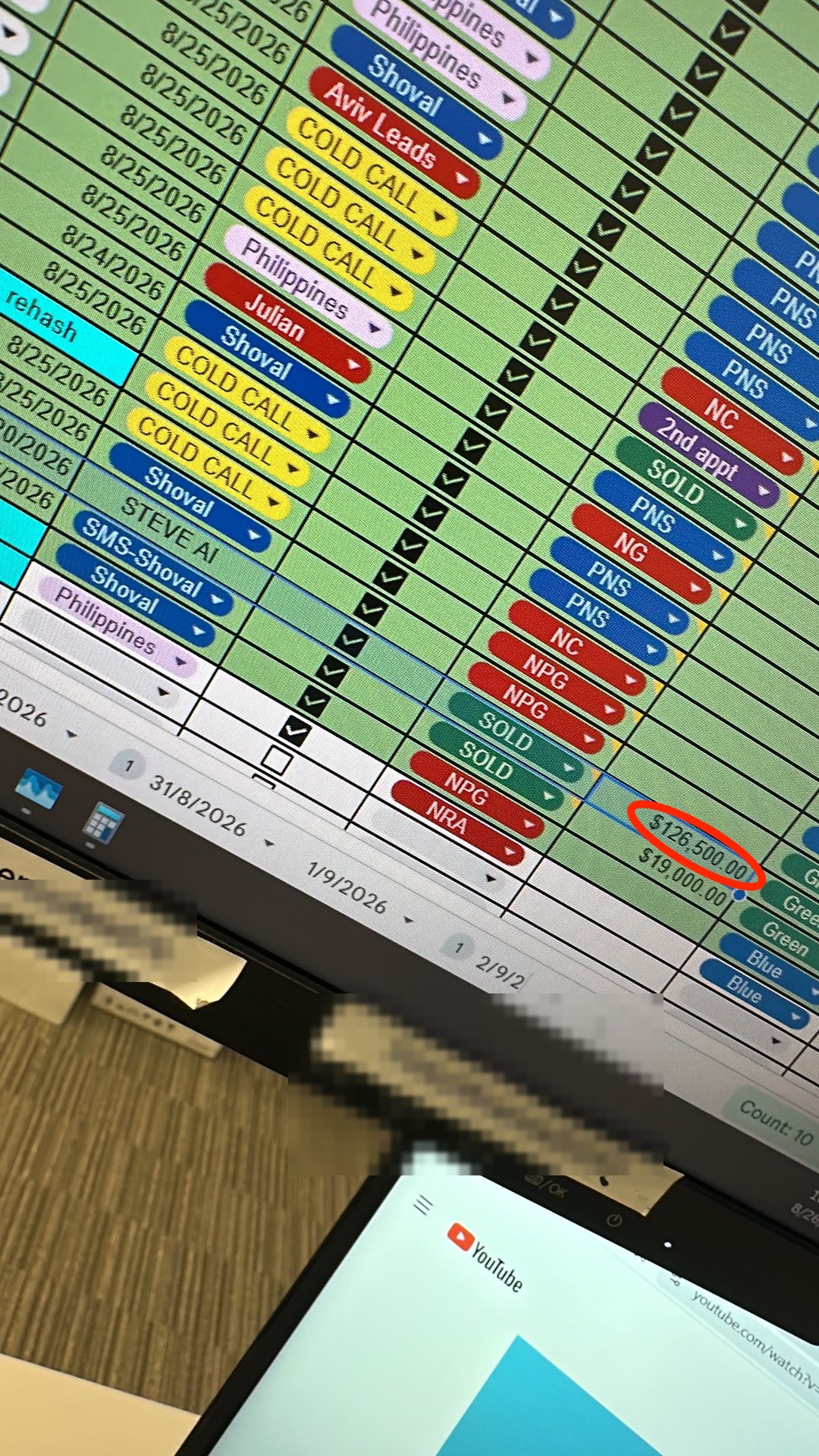 Redacted client sales sheet with the sold revenue circled